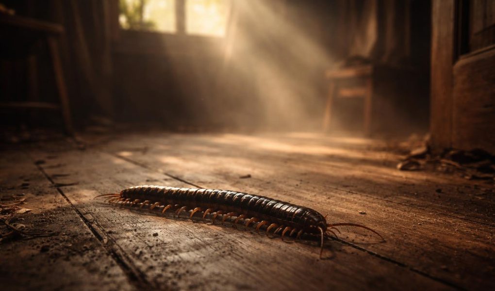 mille-pattes-sol-parquet-lumiere-matinale