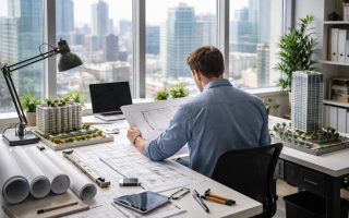 bureau-moderne-plans-maquettes-fenetre-vue-ville