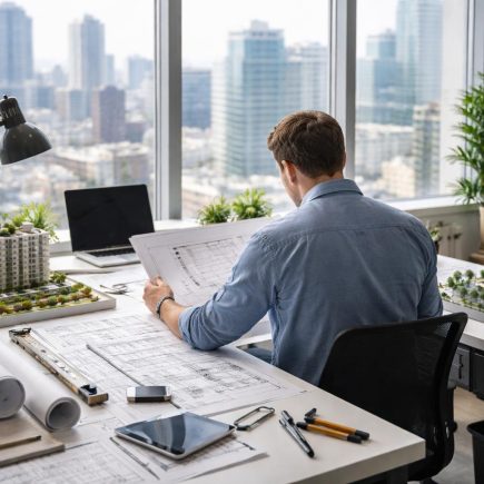 bureau-moderne-plans-maquettes-fenetre-vue-ville