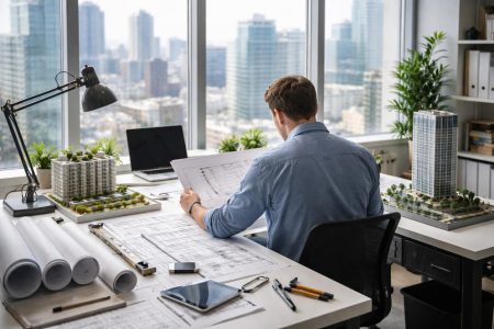 bureau-moderne-plans-maquettes-fenetre-vue-ville