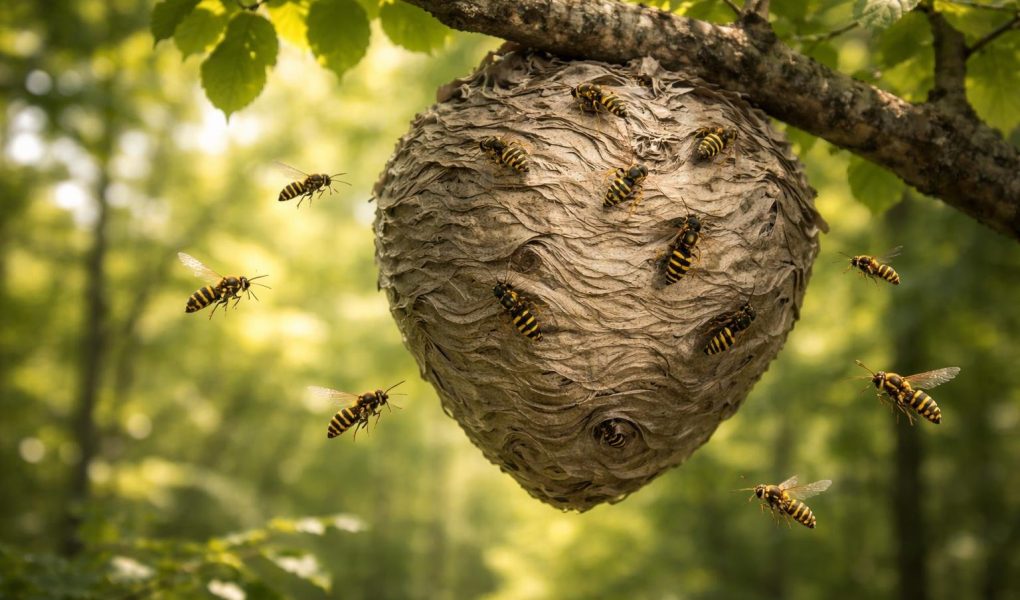 nid-guepes-branche-arbre-foret