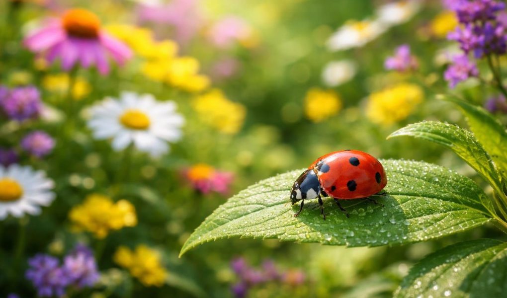 coccinelle-feuille-fleurs-jardin-flou