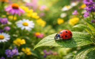 coccinelle-feuille-fleurs-jardin-flou
