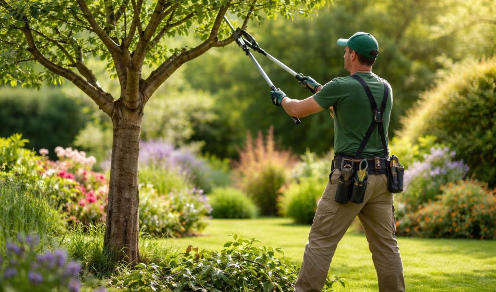 jardin-verdoyant-ouvrier-elagage-plantes-fleuries
