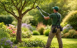 jardin-verdoyant-ouvrier-elagage-plantes-fleuries