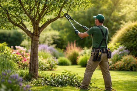 jardin-verdoyant-ouvrier-elagage-plantes-fleuries